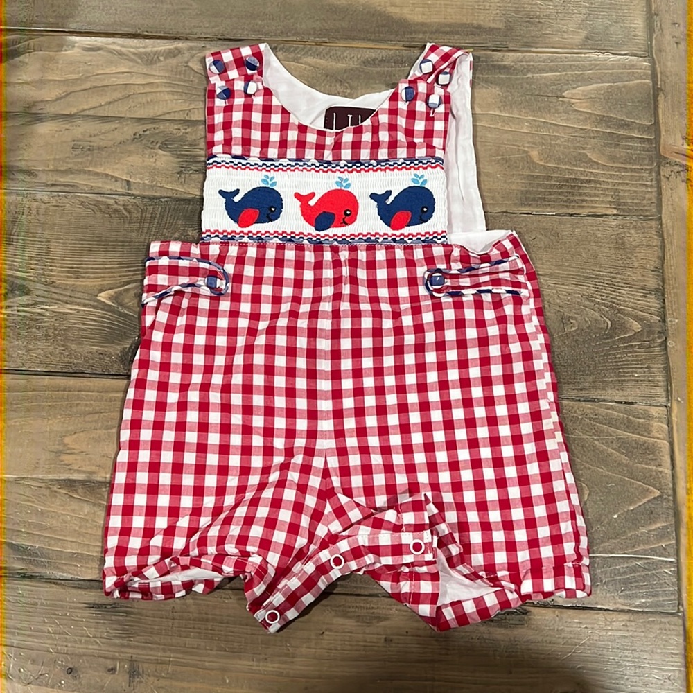 6-12 month LIL Cactus red, white, and blue smocked whale romper.